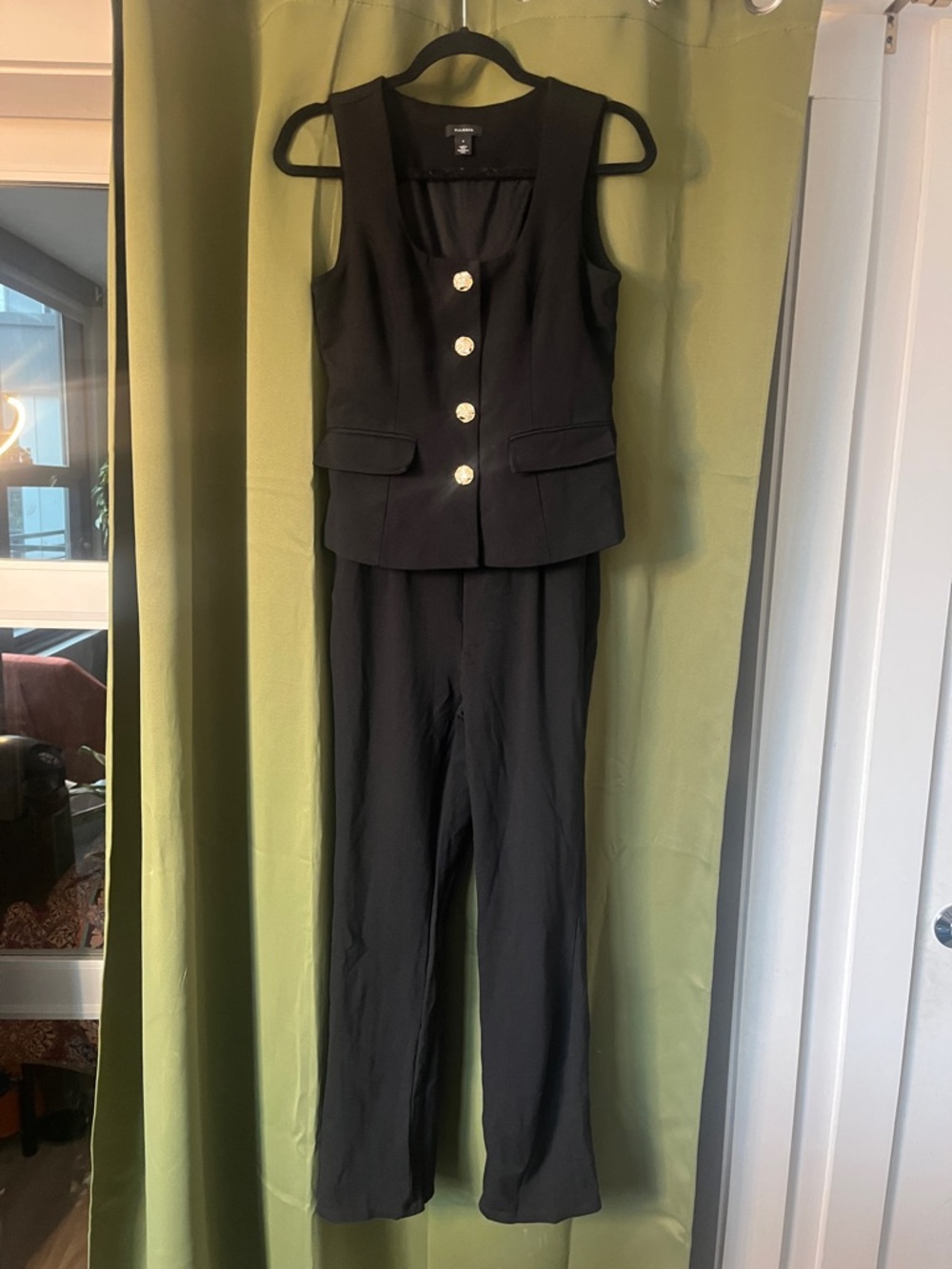 Halogen Black Sleeveless Button-Front Pantsuit with Gold Buttons